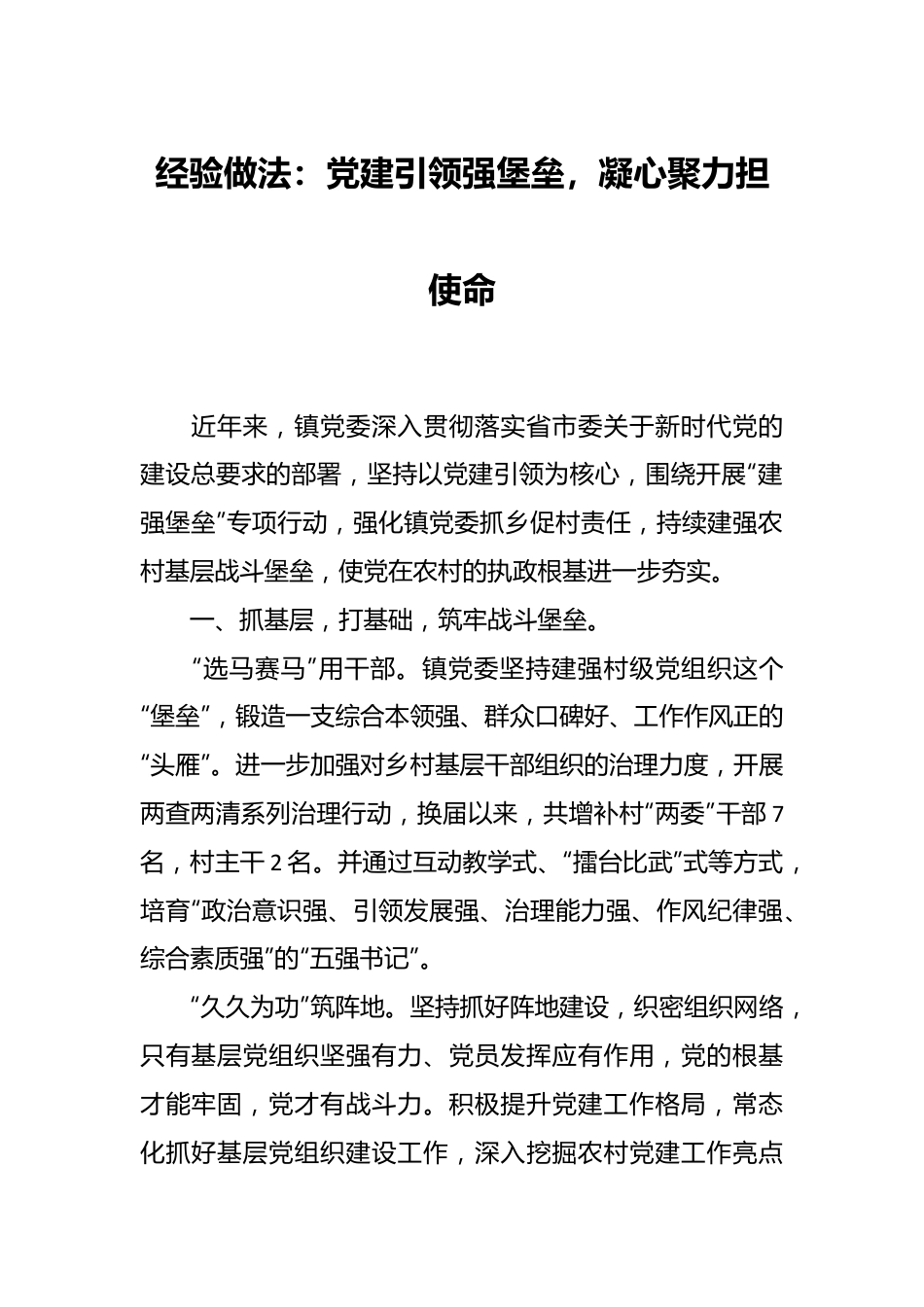 经验做法：党建引领强堡垒，凝心聚力担使命.docx_第1页