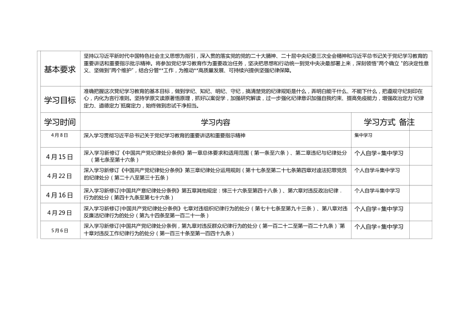 （3篇）2024年4-7月党纪学习教育个人学习计划表.docx_第2页