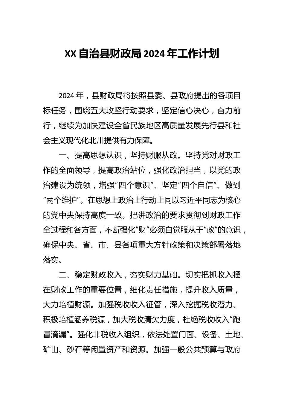 XX自治县财政局2024年工作计划.docx_第1页