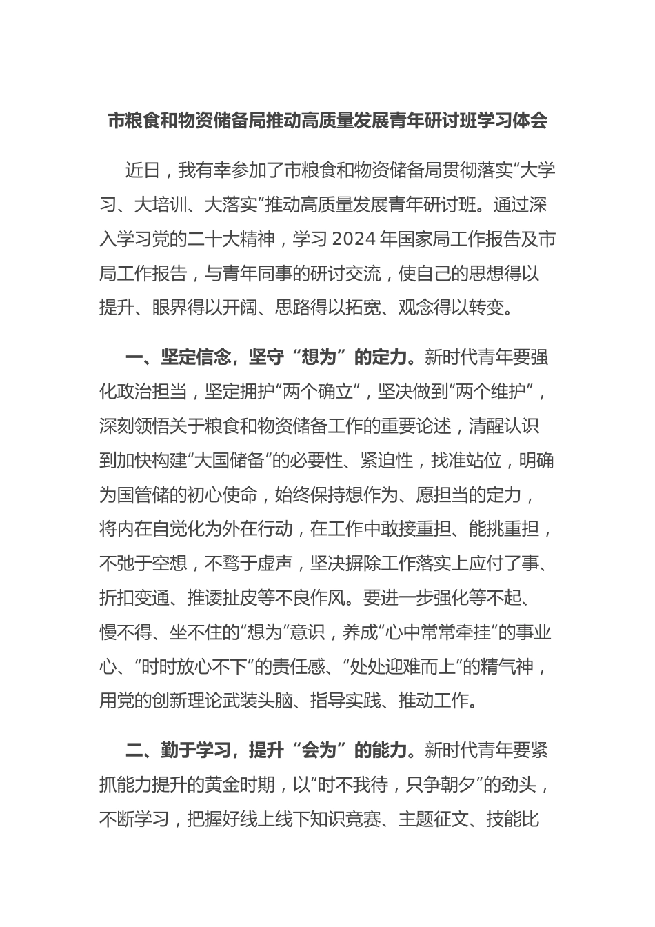 市粮食和物资储备局推动高质量发展青年研讨班学习体会.docx_第1页