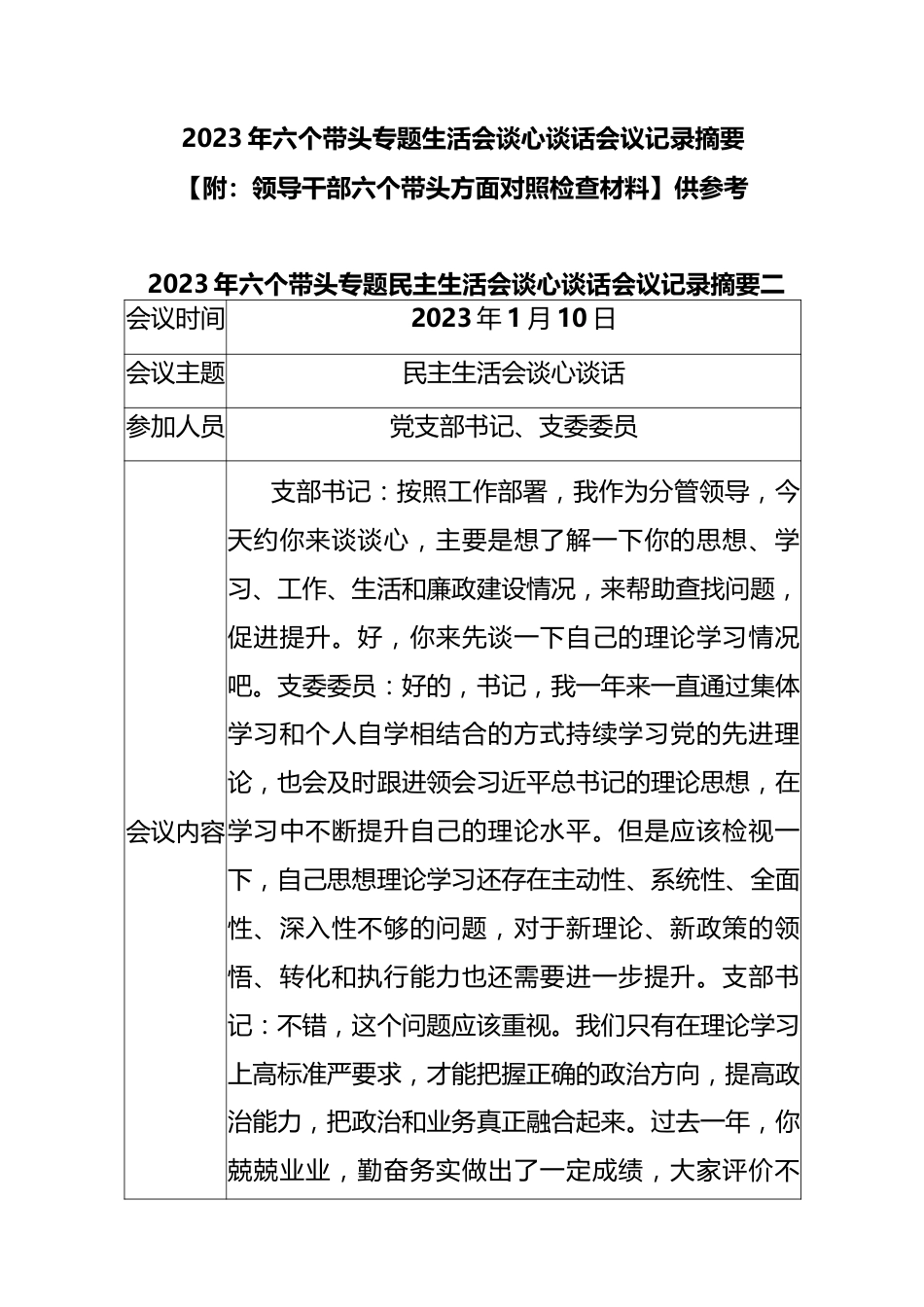 2023年六个带头专题生活会谈心谈话会议记录摘要【附：领导干部六个带头方面对照检查材料】供参考.docx_第1页