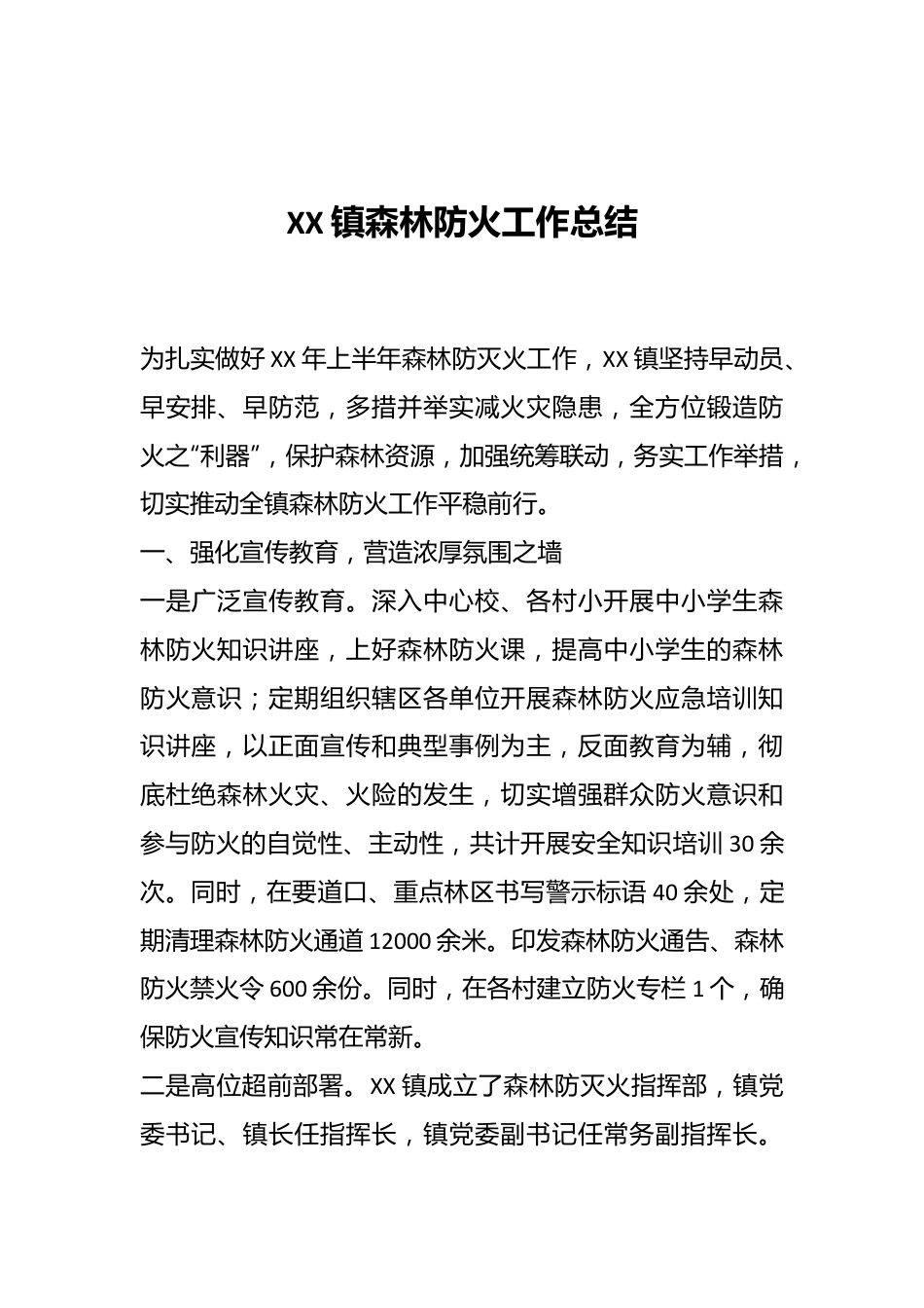 XX镇森林防火工作总结.docx_第1页