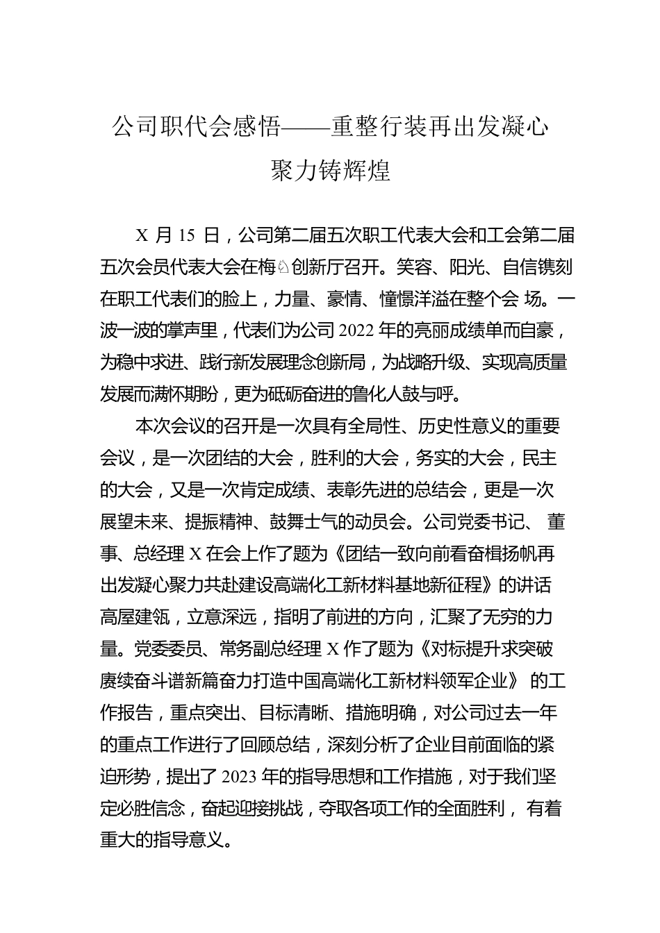公司职代会感悟——重整行装再出发凝心聚力铸辉煌.docx_第1页