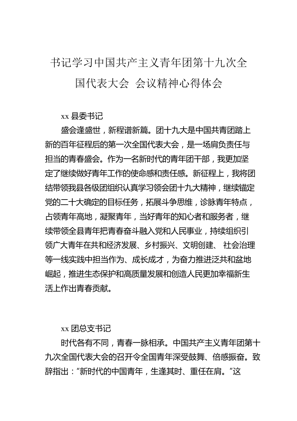 书记学习中国共产主义青年团第十九次全国代表大会 会议精神心得体会.docx_第1页