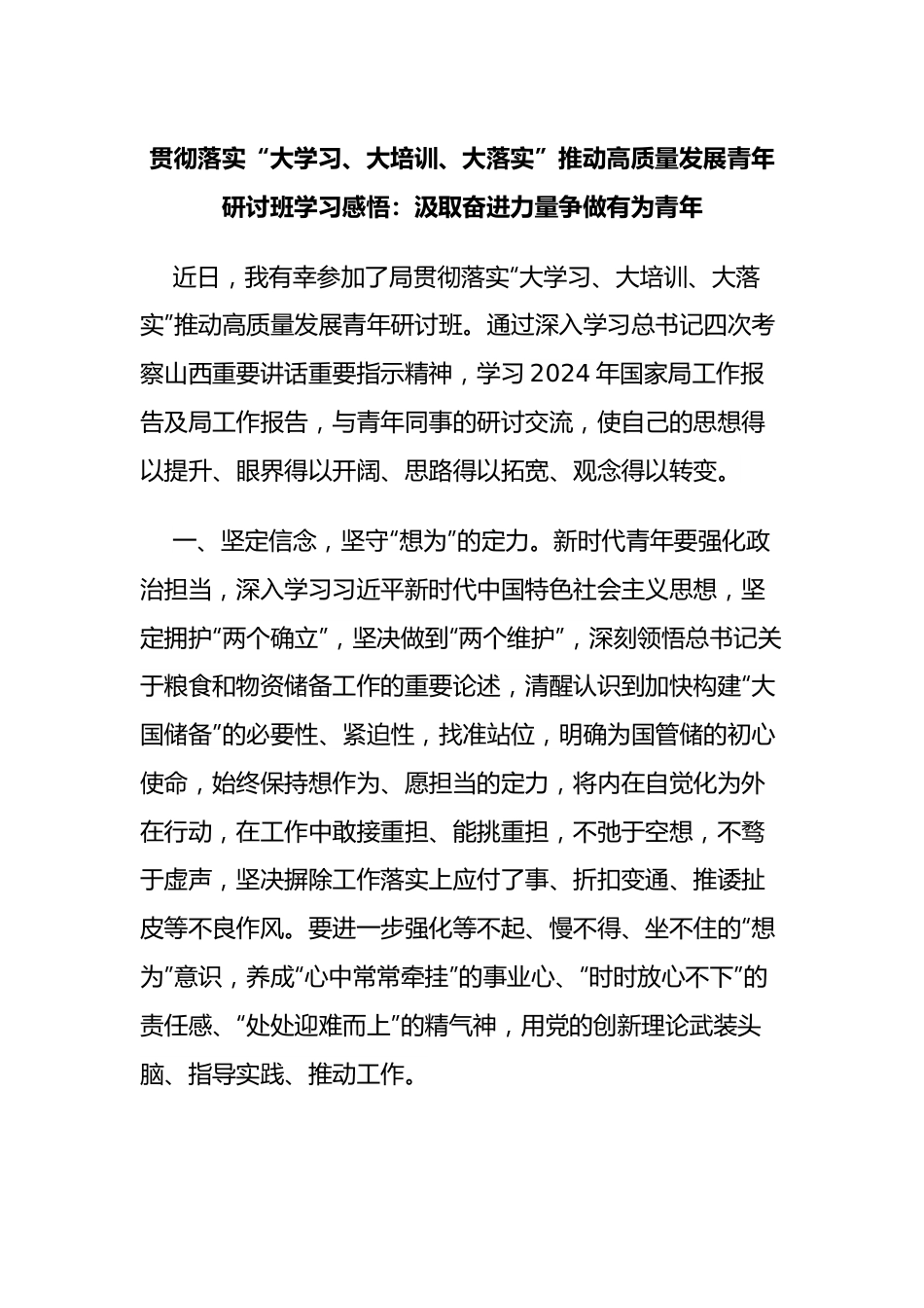贯彻落实“大学习、大培训、大落实”推动高质量发展青年研讨班学习感悟：汲取奋进力量争做有为青年.docx_第1页
