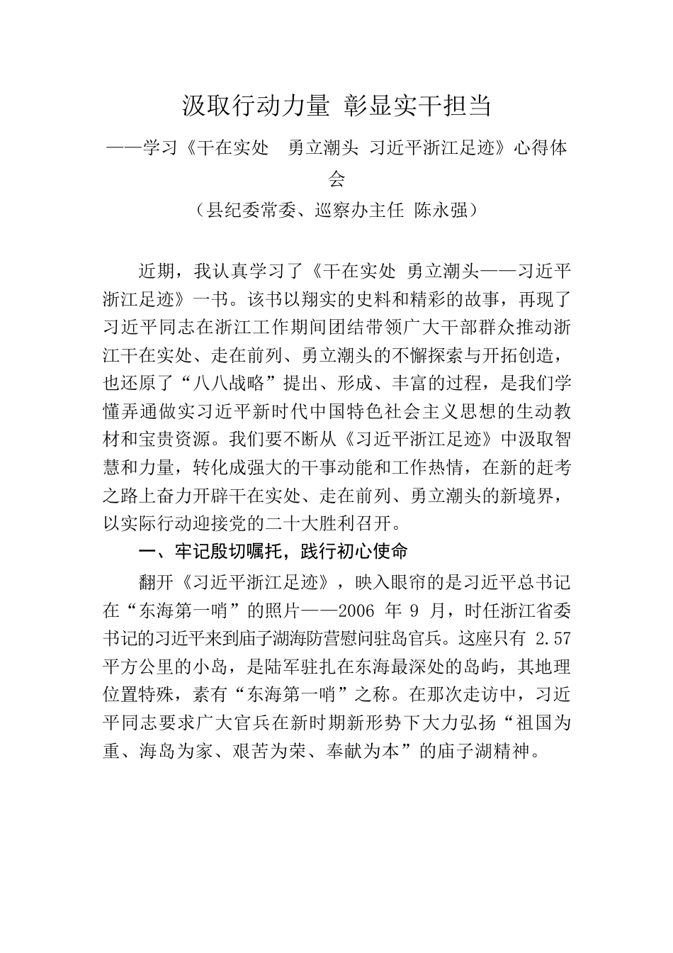 汲取行动力量 彰显实干担当—《干在实处 勇立潮头 习近平浙江足迹》心得体会.docx_第1页