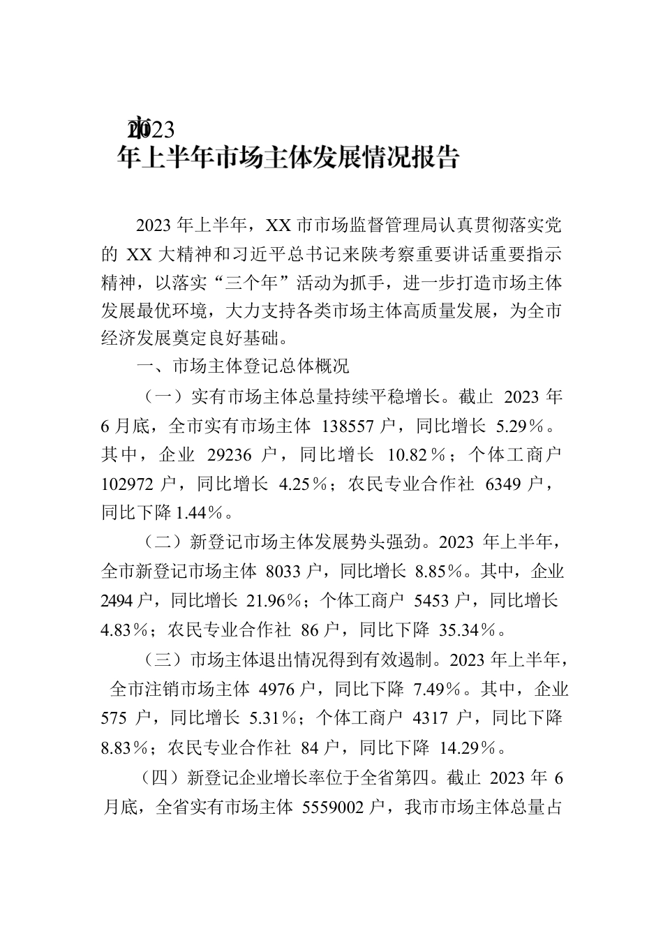 市2023年上半年市场主体发展情况报告.docx_第1页