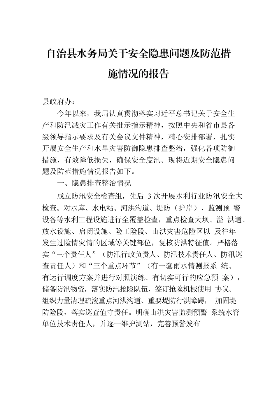 自治县水务局关于安全隐患问题及防范措施情况的报告.docx_第1页
