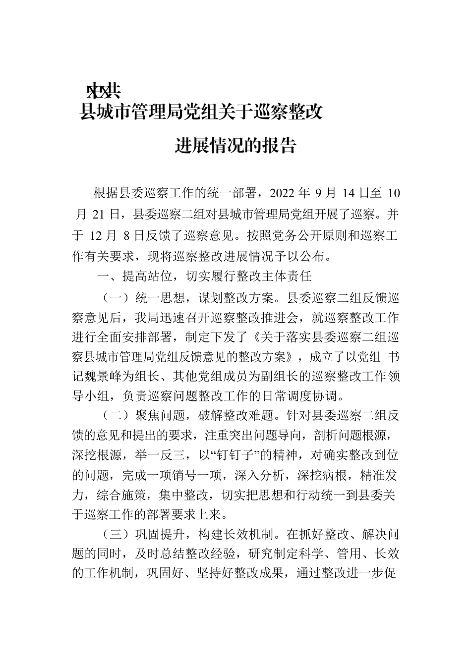 XX县城市管理局党组关于巡察整改进展情况的报告（20230802）.docx_第1页