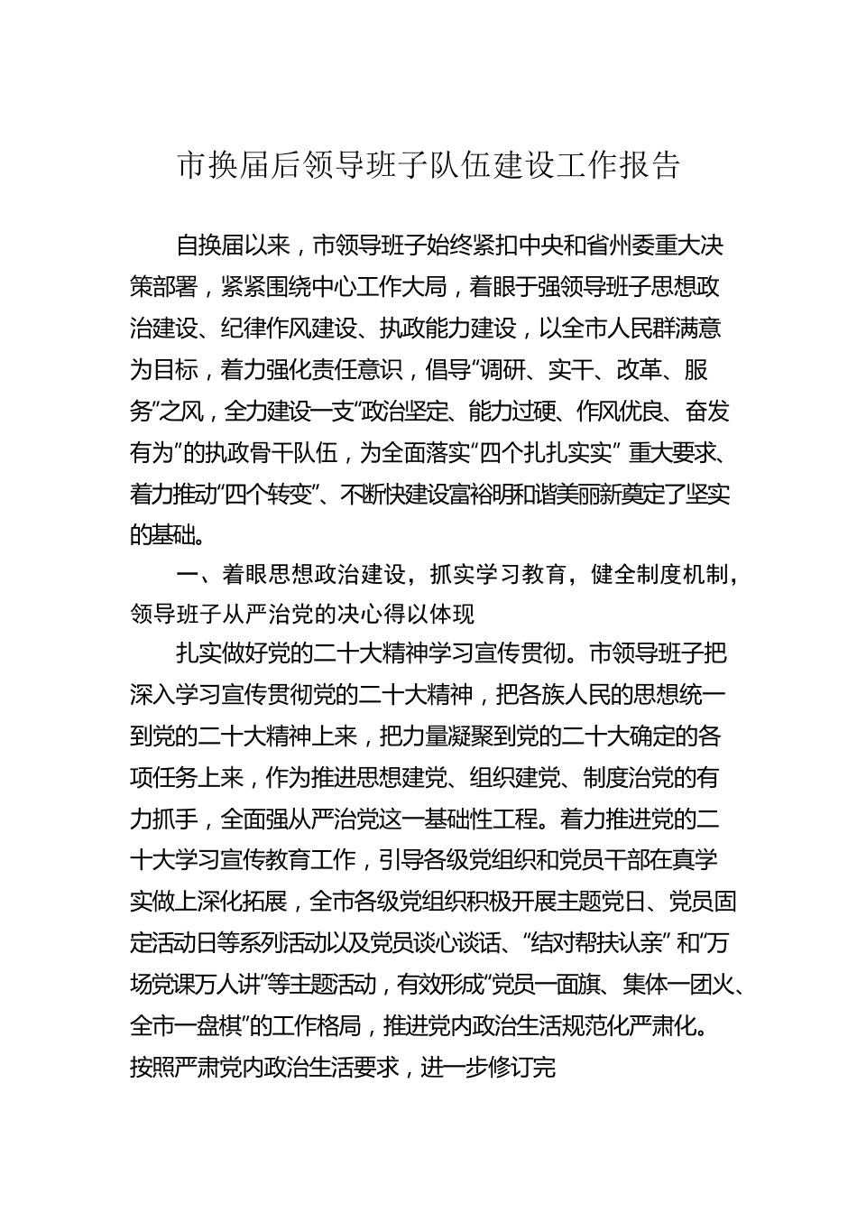 市换届后领导班子队伍建设工作报告.docx_第1页