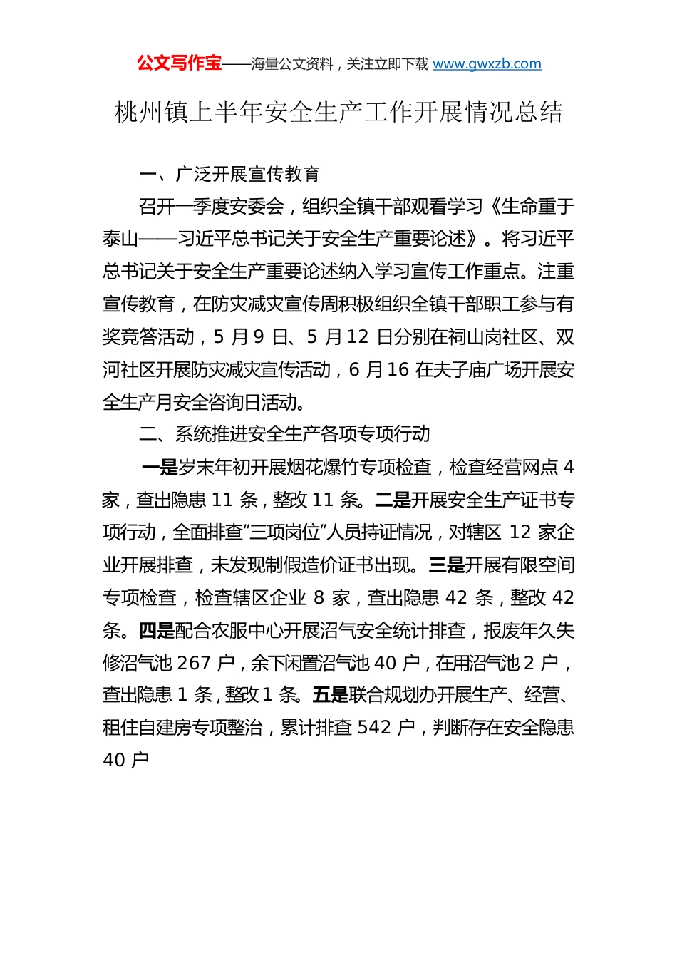 桃州镇上半年安全生产工作开展情况总结.docx_第1页