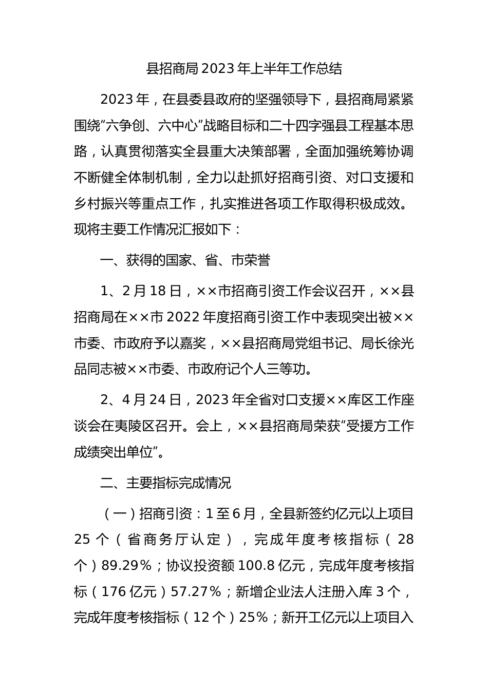 县招商局2023年上半年工作总结.docx_第1页