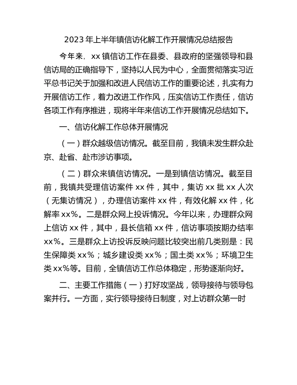 2023年上半年镇信访化解工作开展情况总结报告.docx_第1页
