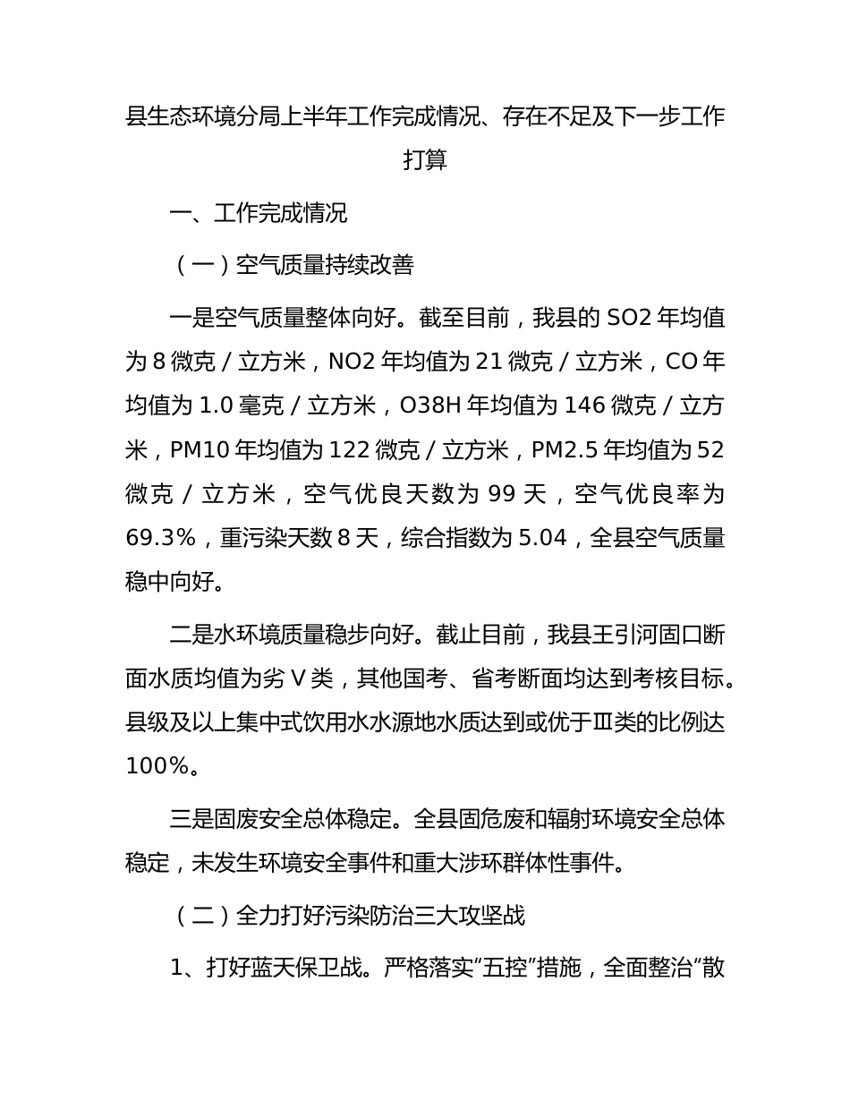 县生态环境分局上半年工作总结及下一步工作打算.docx_第1页