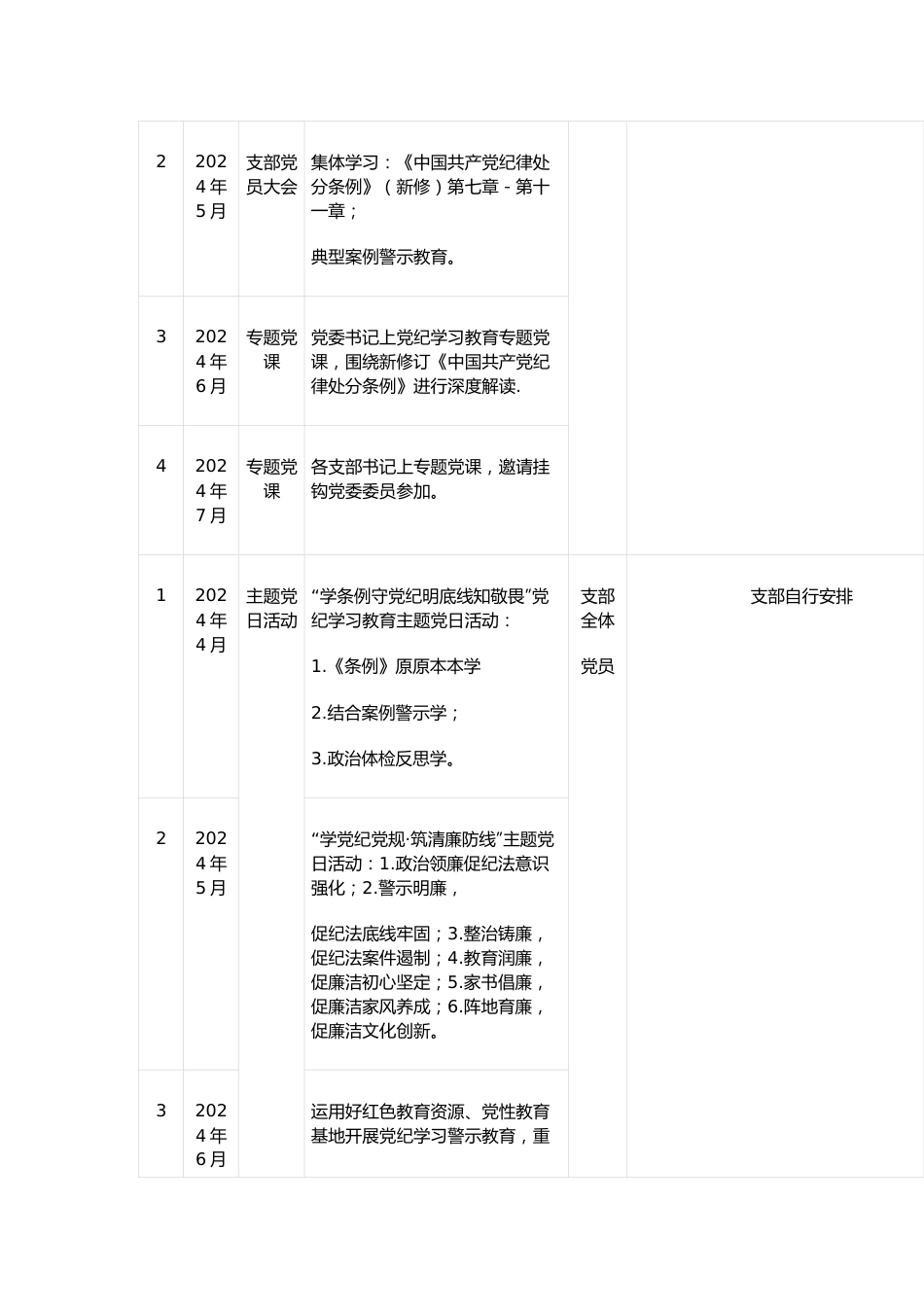 2024年党纪学习教育计划表（含党委、党支部、主题党日活动、个人自学）.docx_第3页