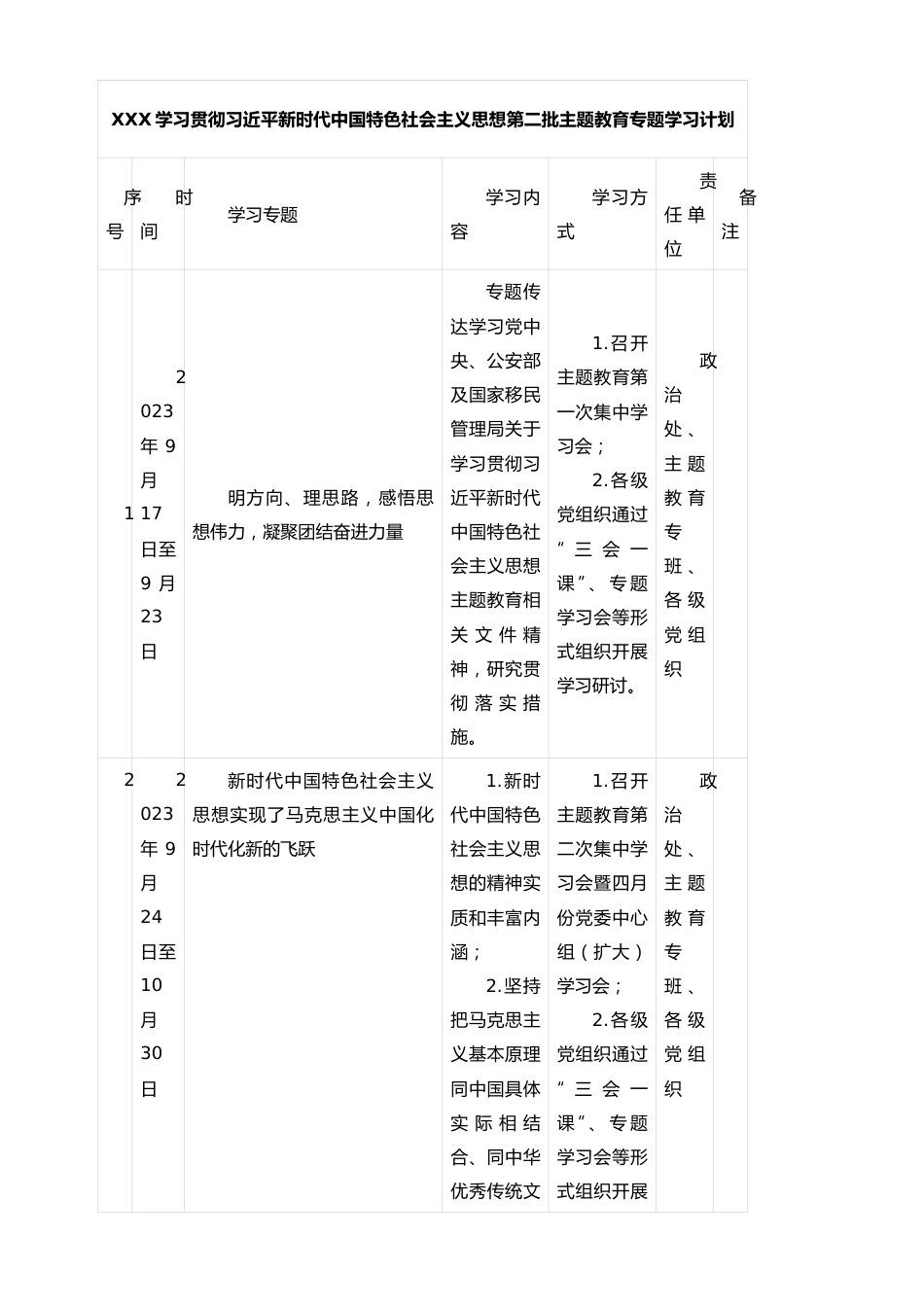 XXX学习贯彻习近平新时代中国特色社会主义思想第二批主题教育专题学习计划.docx_第1页