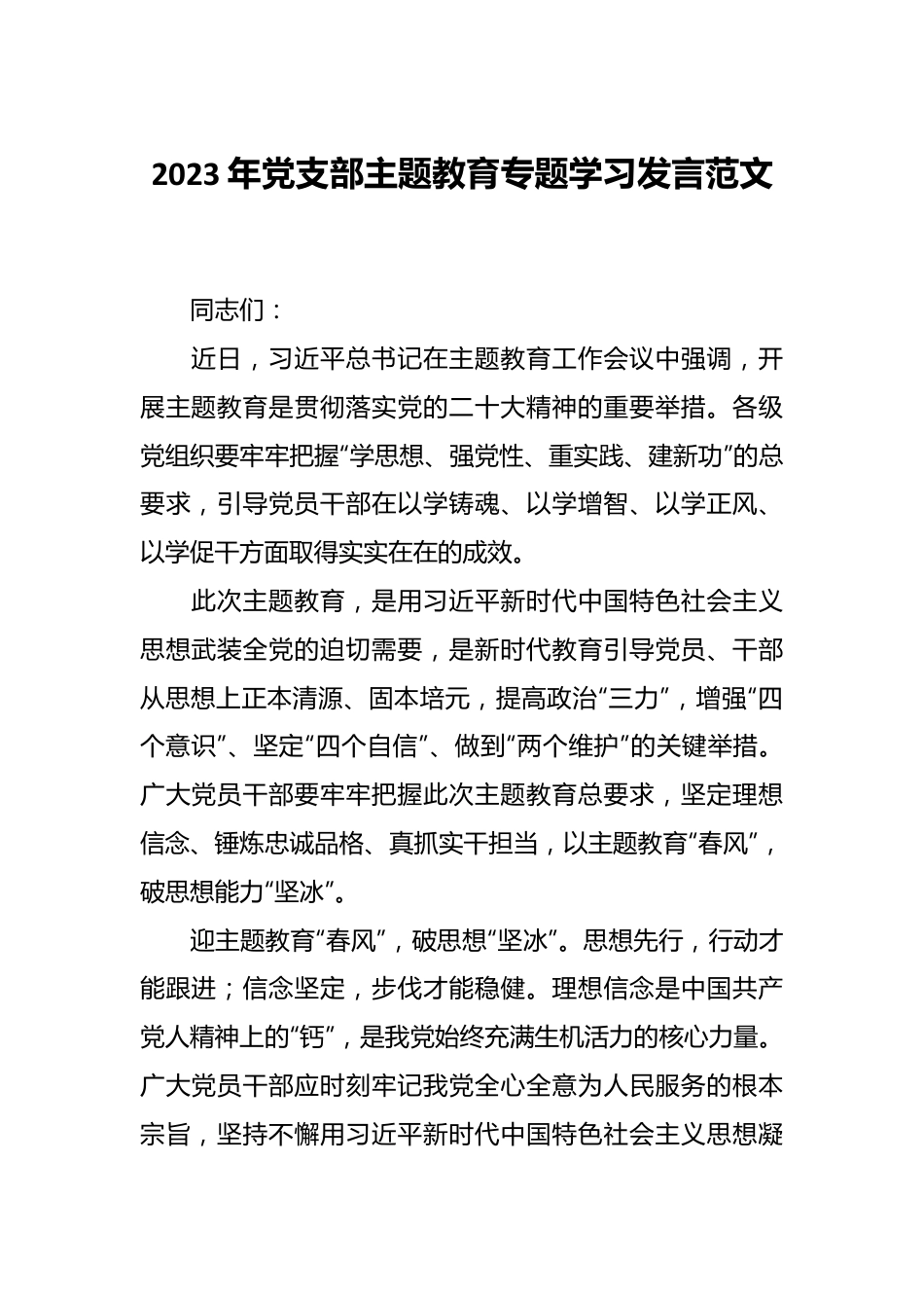 2023年党支部主题教育专题学习发言范文.docx_第1页