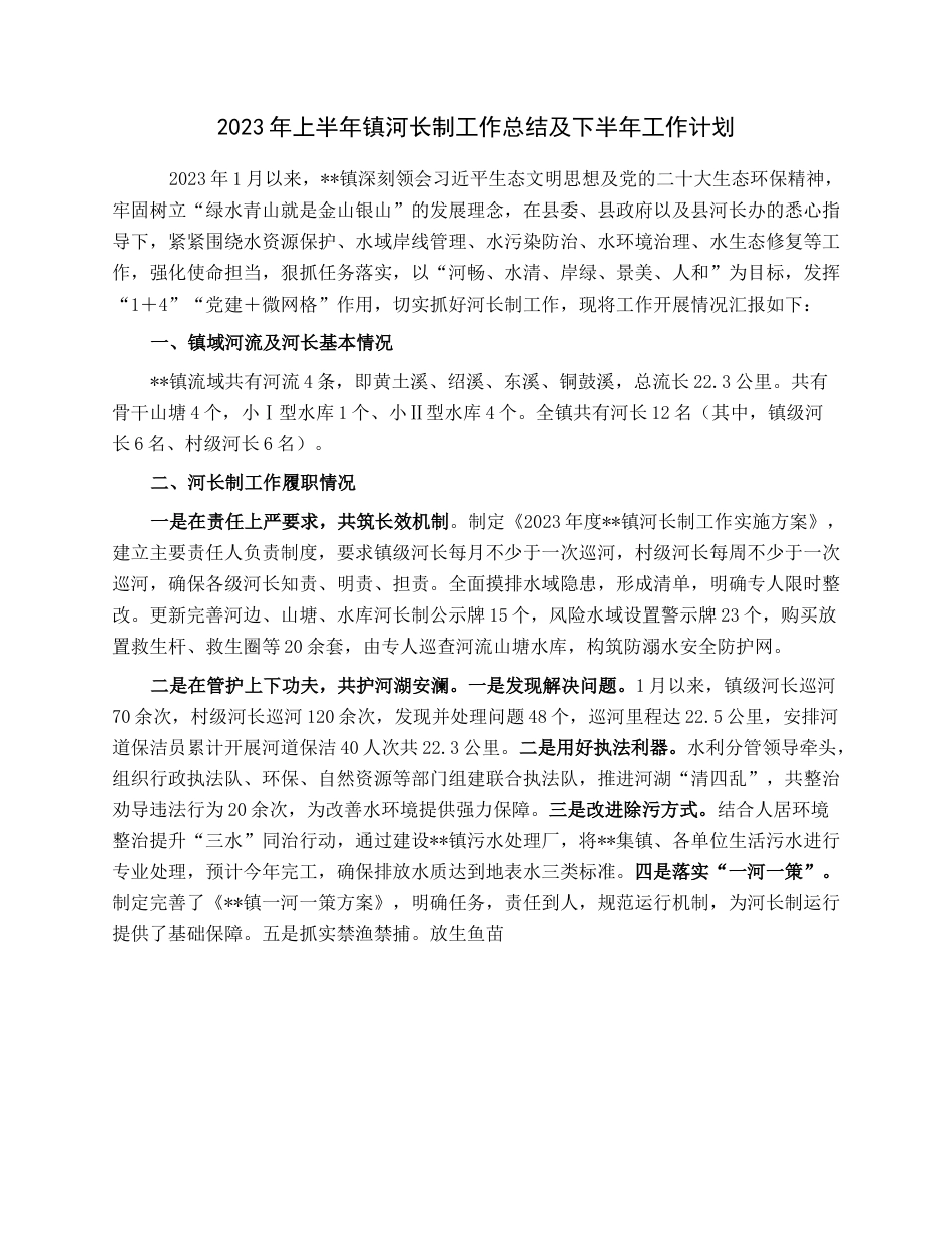 2023年上半年镇河长制工作总结及下半年工作计划.docx_第1页