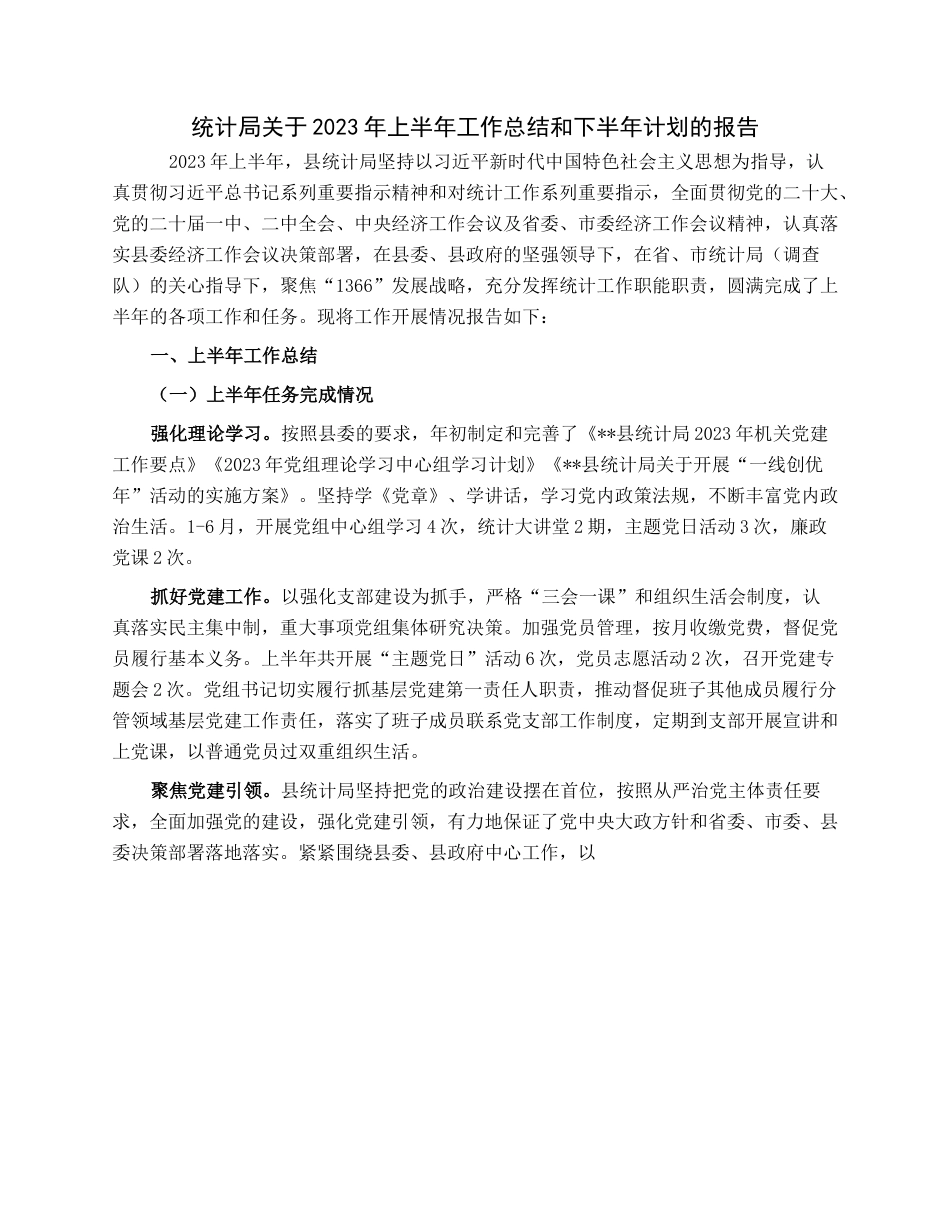 统计局关于2023年上半年工作总结和下半年计划的报告.docx_第1页