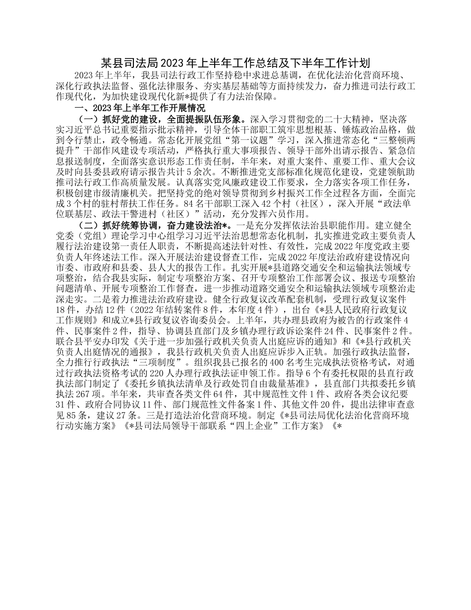 某县司法局2023年上半年工作总结及下半年工作计划.docx_第1页