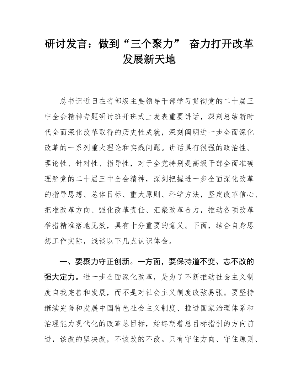 研讨发言：做到“三个聚力” 奋力打开改革发展新天地.docx_第1页