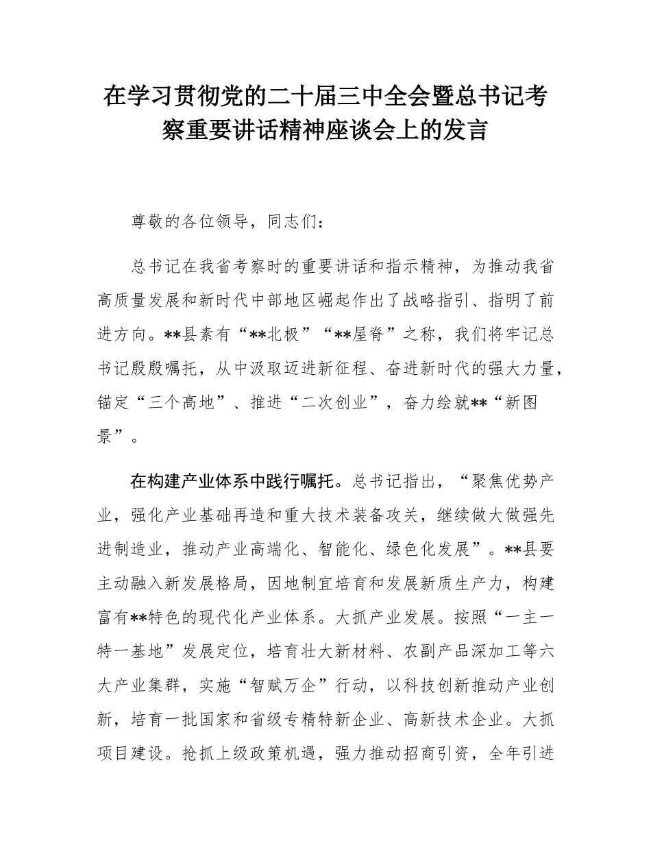 在学习贯彻党的二十届三中全会暨总书记考察重要讲话精神座谈会上的发言.docx_第1页