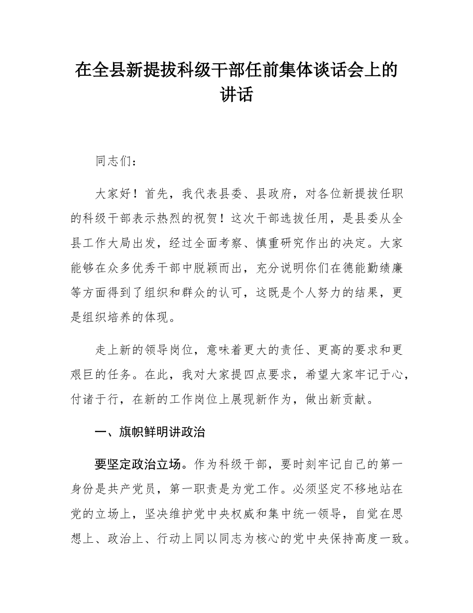 在全县新提拔科级干部任前集体谈话会上的讲话.docx_第1页