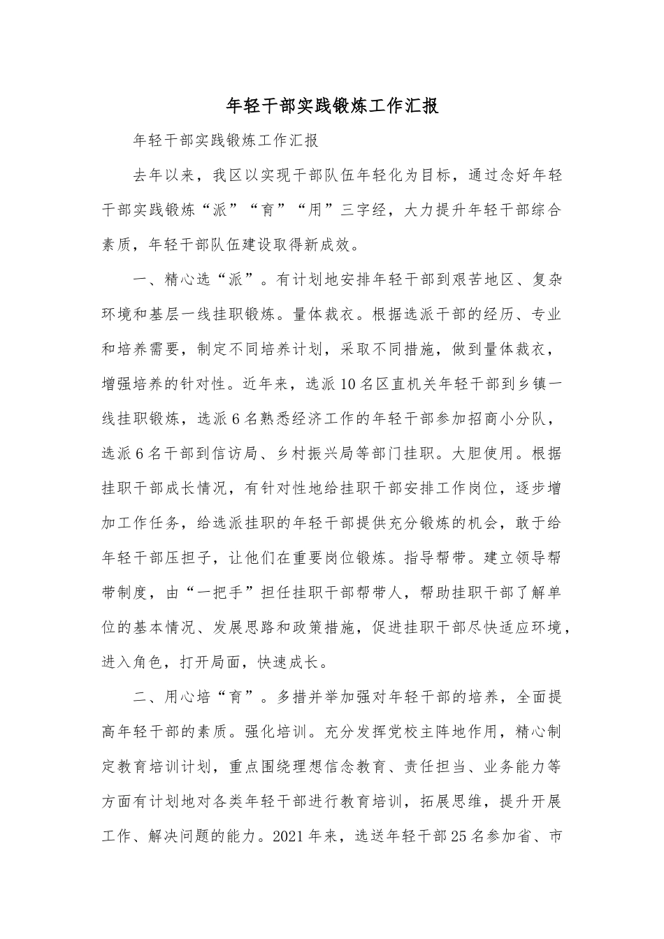 年轻干部实践锻炼工作汇报.docx_第1页