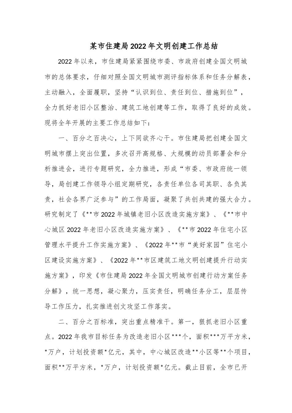 某市住建局2022年文明创建工作总结1.docx_第1页