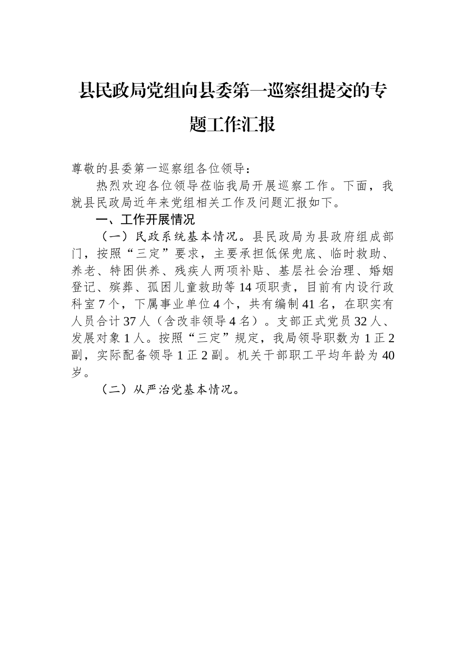 某某县民政局党组向县委第一巡察组提交的专题工作汇报.docx_第1页