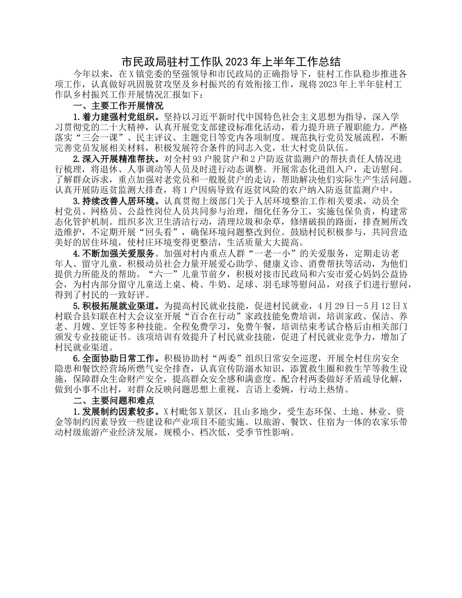 市民政局驻村工作队2023年上半年工作总结.docx_第1页