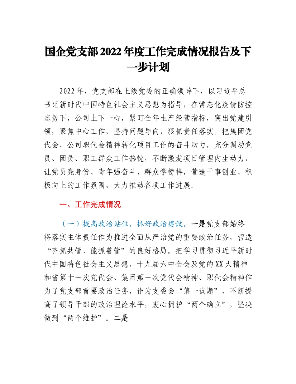 国企党支部2022年度工作完成情况报告及下一步计划.docx_第1页