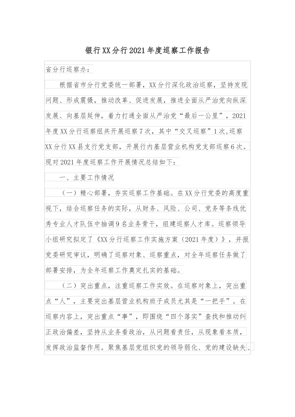 银行XX分行2021年度巡察工作报告.docx_第1页