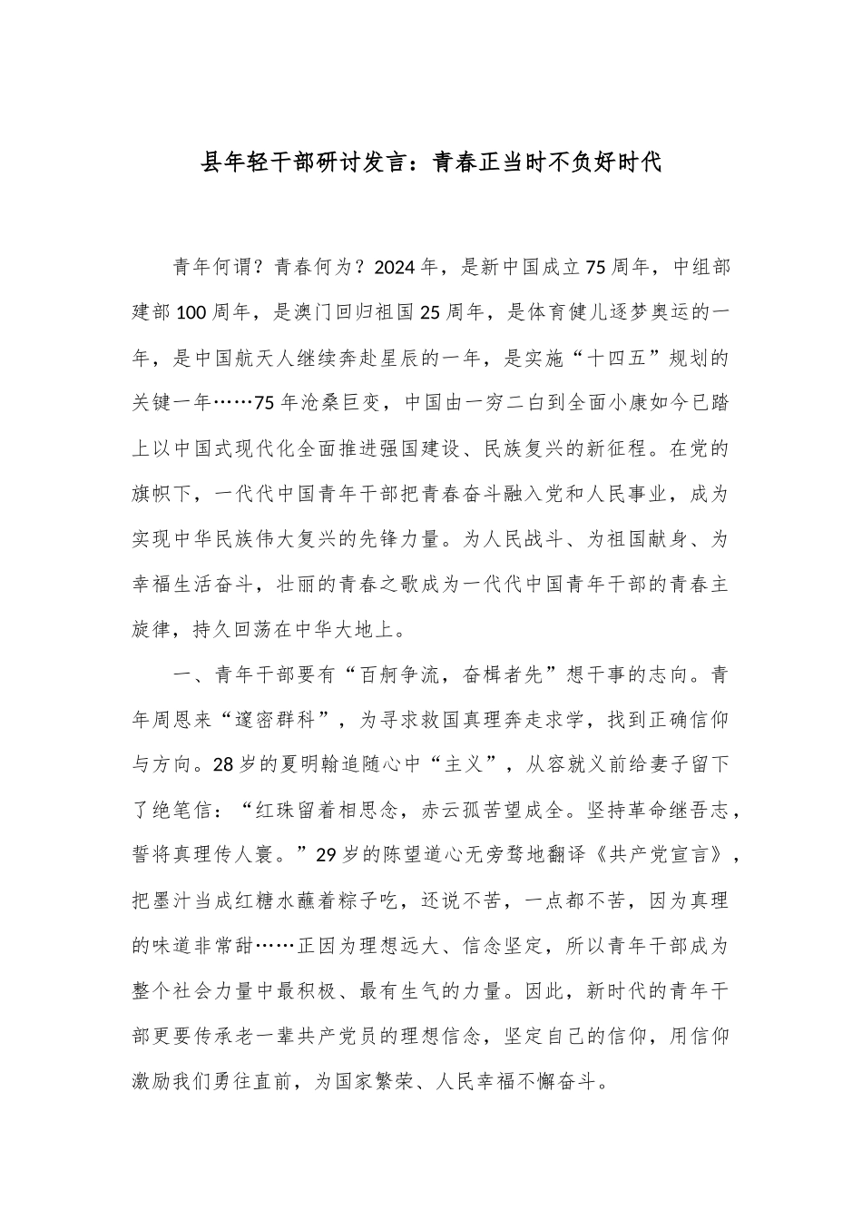 县年轻干部研讨发言：青春正当时 不负好时代.docx_第1页