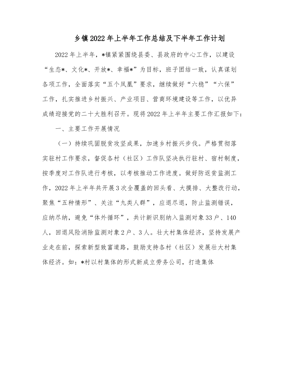 乡镇2022年上半年工作总结及下半年工作计划.docx_第1页