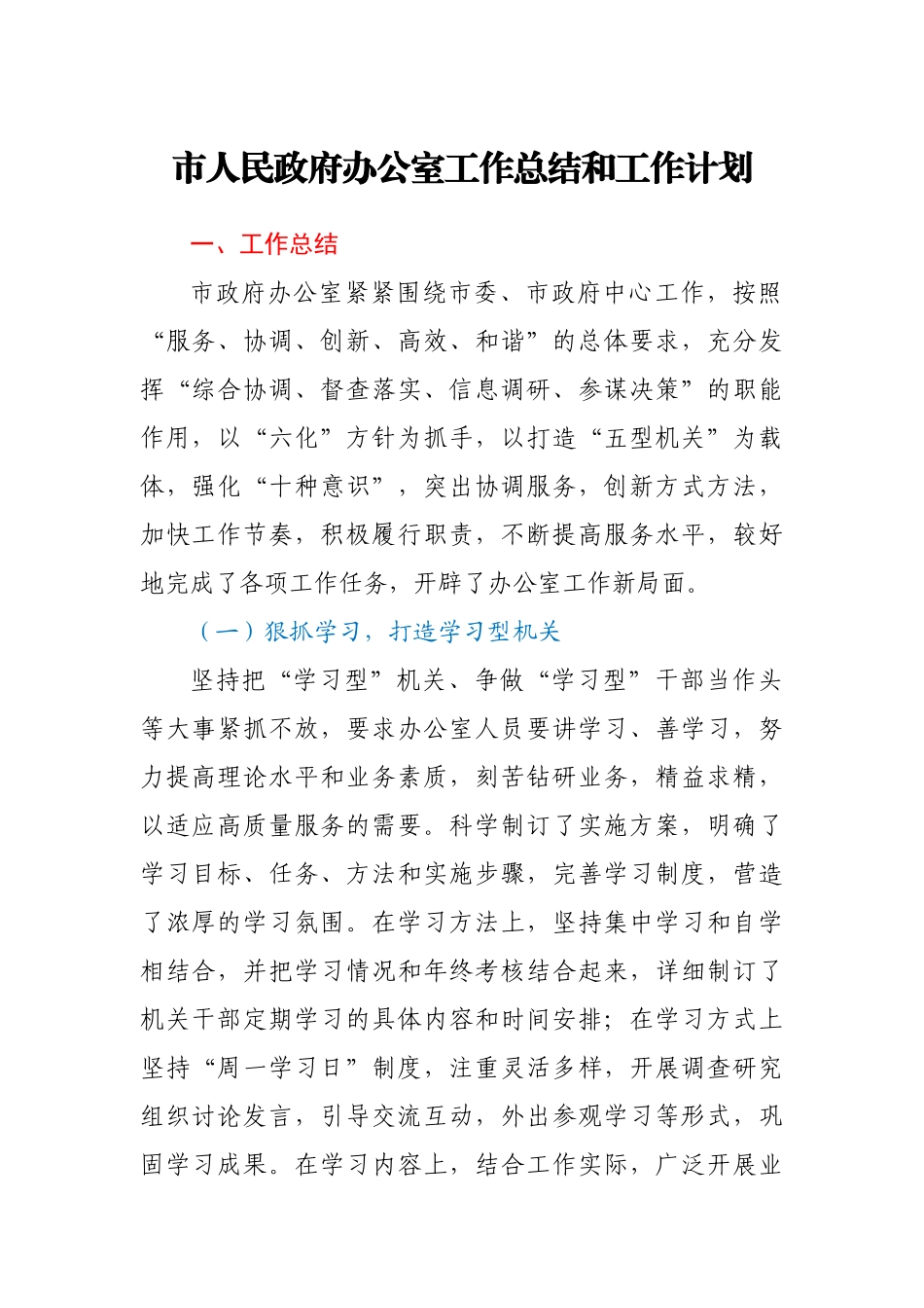 市人民政府办公室工作总结和工作计划.docx_第1页
