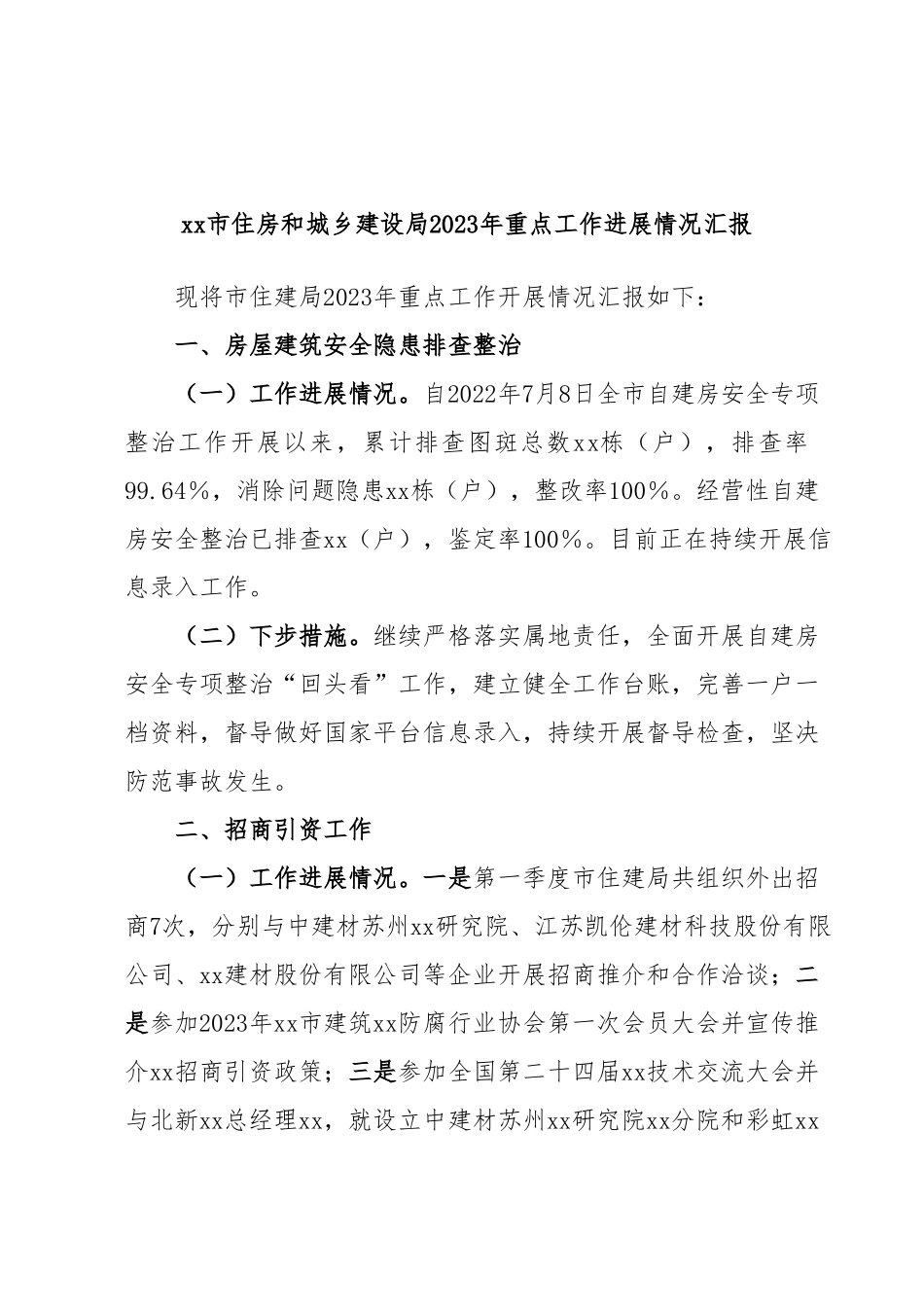 xx市住房和城乡建设局2023年重点工作进展情况汇报.docx_第1页