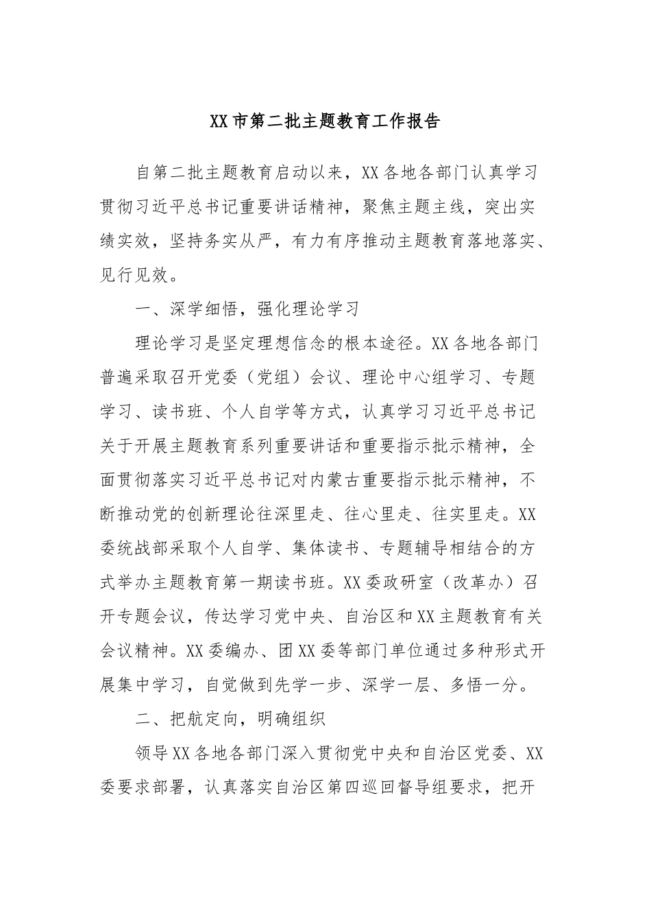 XX市第二批主题教育工作报告.docx_第1页