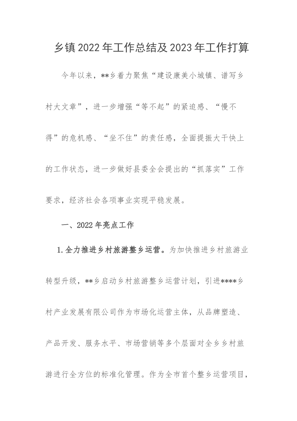 乡镇2022年工作总结及2023年工作打算.docx_第1页