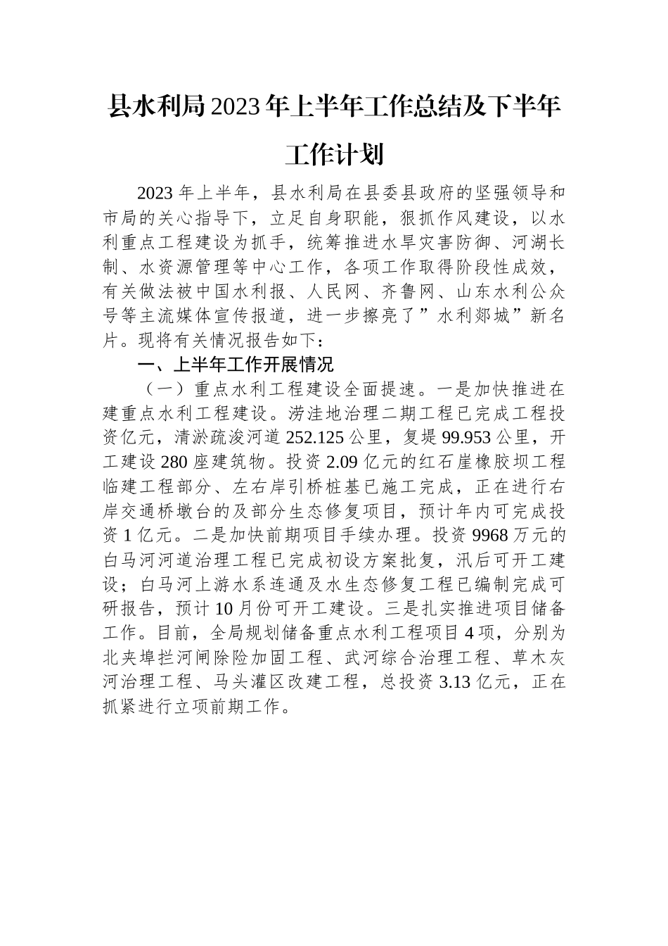 县水利局2023年上半年工作总结及下半年工作计划.docx_第1页