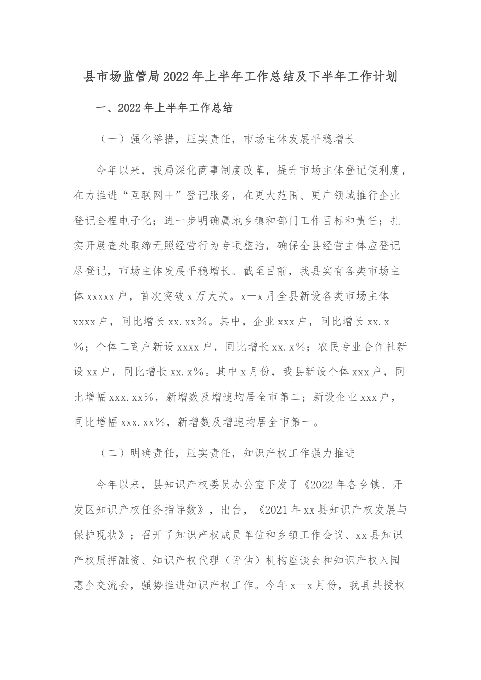 县市场监管局2022年上半年工作总结及下半年工作计划.docx_第1页