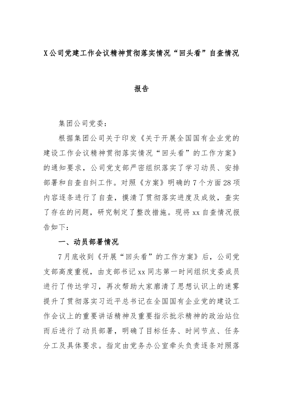 X公司党建工作会议精神贯彻落实情况“回头看”自查情况报告.docx_第1页