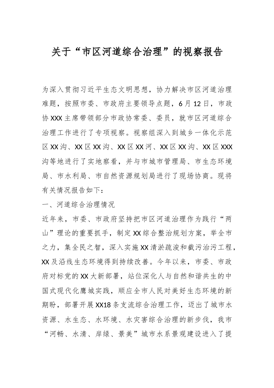 关于“市区河道综合治理”的视察报告.docx_第1页