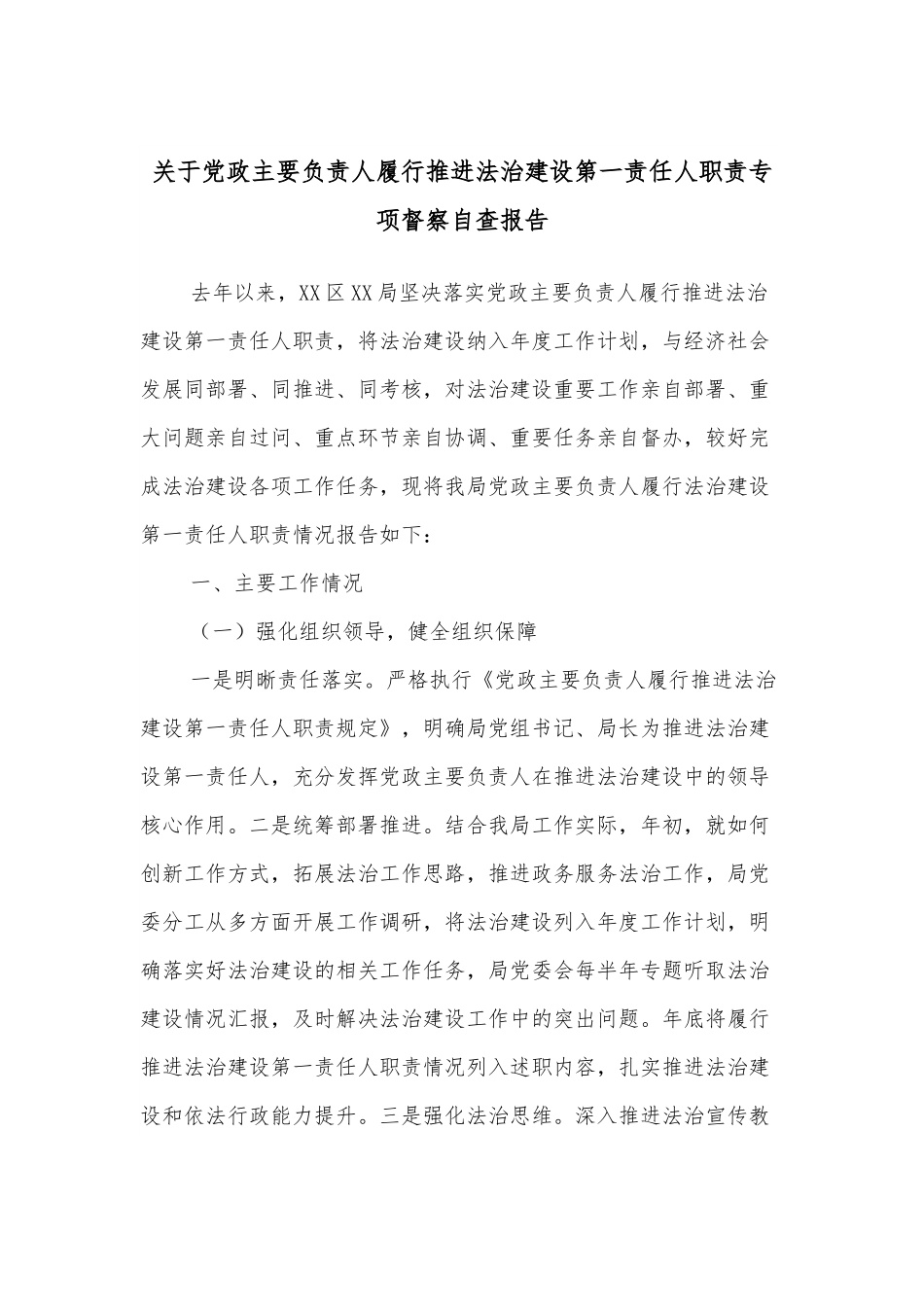 关于党政主要负责人履行推进法治建设第一责任人职责专项督察自查报告.docx_第1页