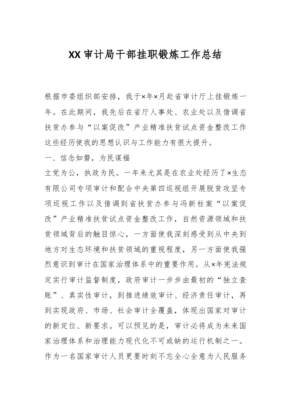 XX审计局干部挂职锻炼工作总结.docx_第1页