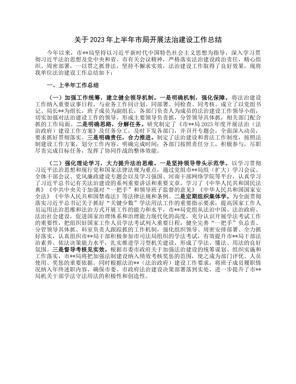 关于2023年上半年市局开展法治建设工作总结.docx_第1页