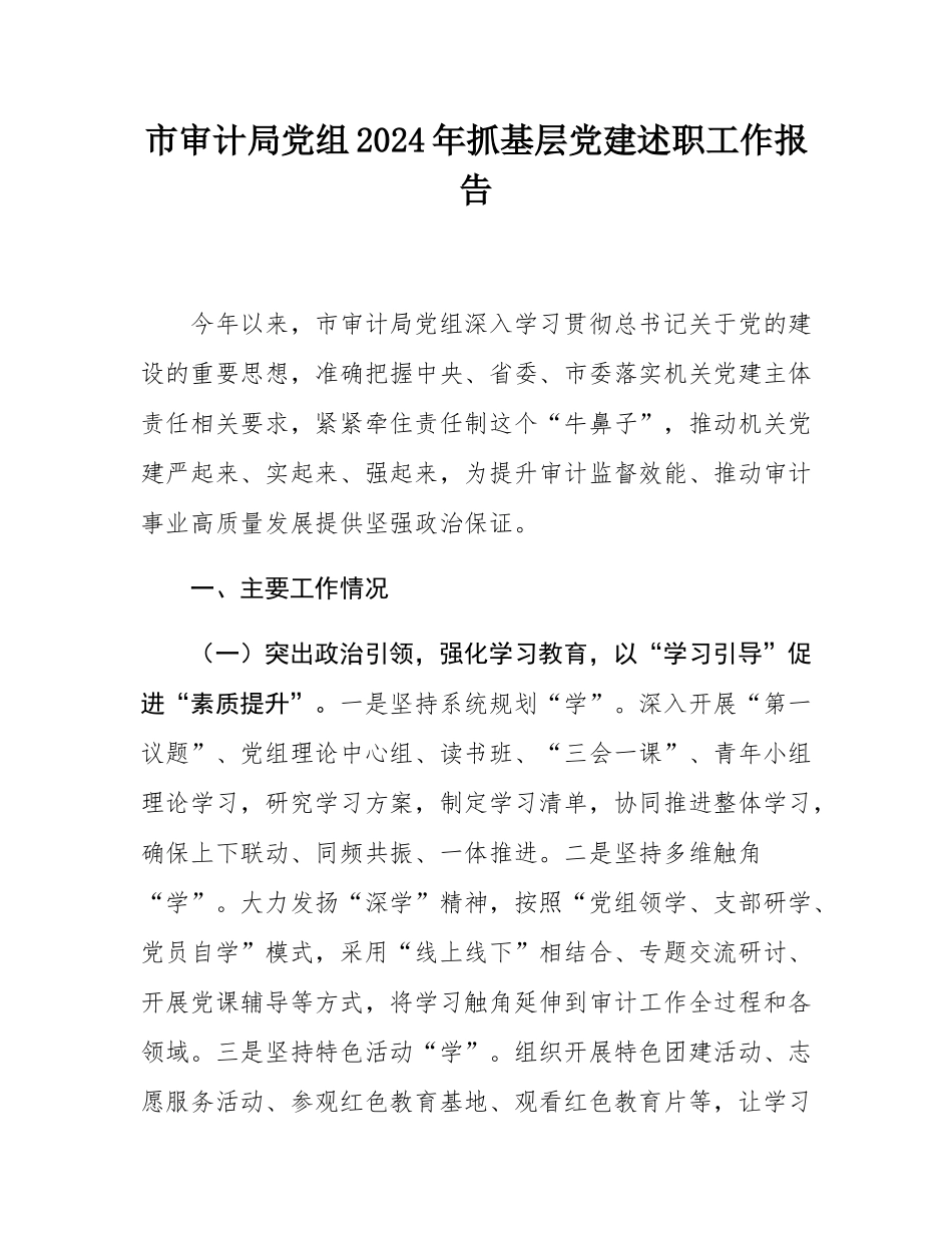 市审计局党组2024年抓基层党建述职工作报告.docx_第1页