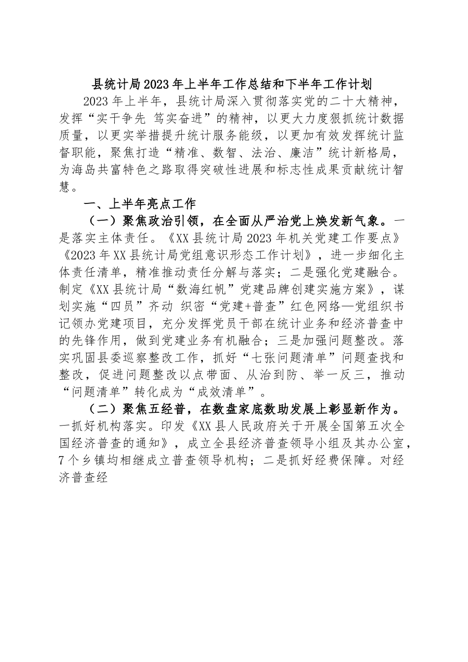 县统计局2023年上半年工作总结和下半年工作计划.docx_第1页