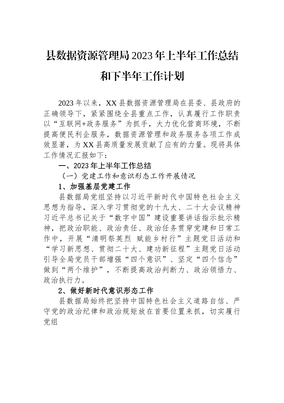 县数据资源管理局2023年上半年工作总结和下半年工作计划.docx_第1页