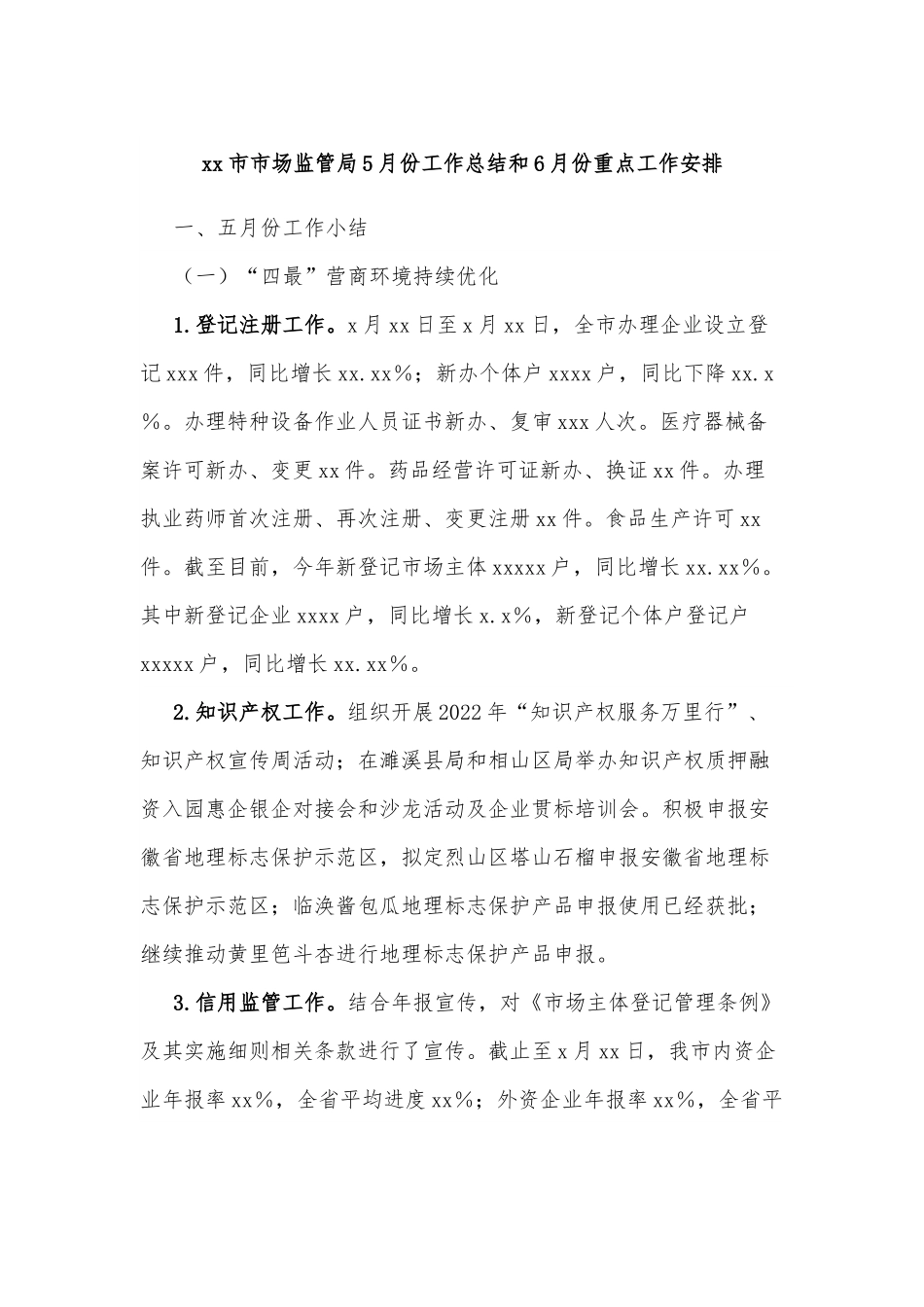 xx市市场监管局5月份工作总结和6月份重点工作安排.docx_第1页